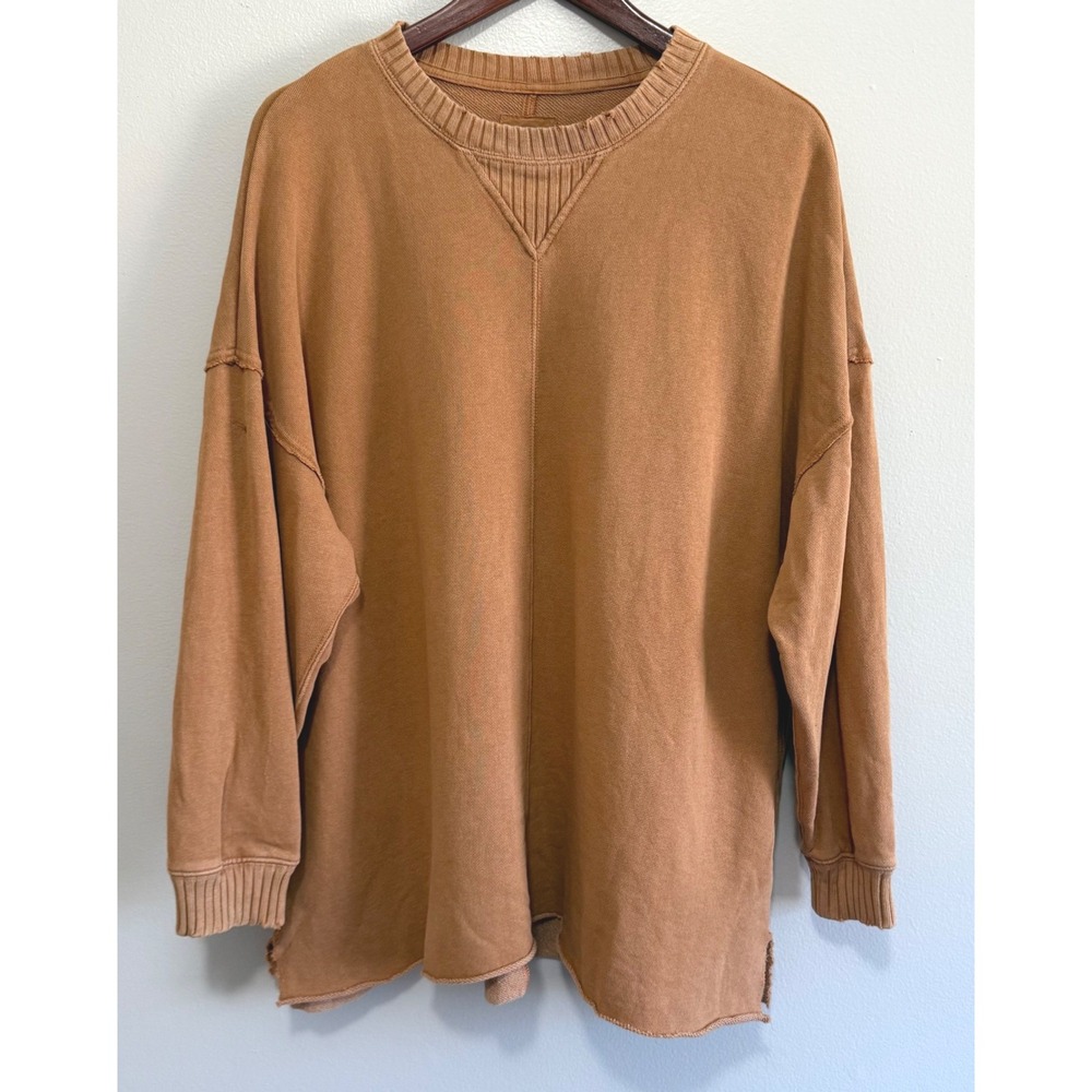 Aerie Oversized Tan Distressed Pullover Soft Cotton Knit Slouchy Sweatshirt Sz M